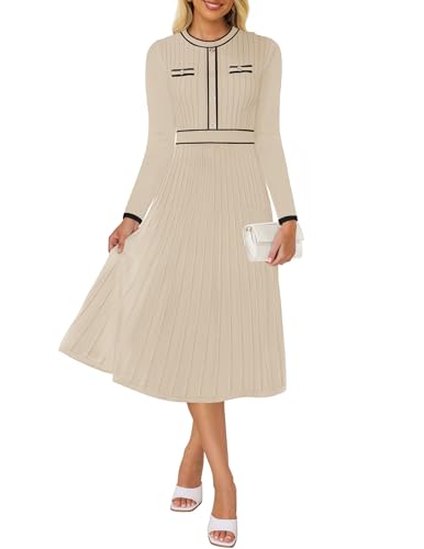 ZESICA Women's Spring Pleated Sweater Dress Long Sleeve Crewneck Ribbed Knitted Midi Dresses