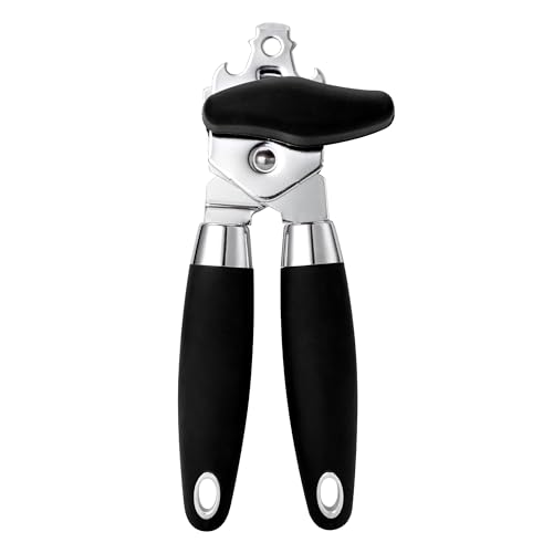 TJ POP Can Opener Manual, Durable Manual Can Opener Smooth Edge Cut Stainless Steel Blades, Heavy Duty Handheld Can Opener with Comfortable Grip Handle and Large Turn Knob -Black