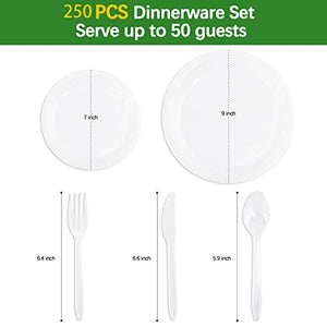 LUODA MirthMood 250Pcs Clear Disposable Plates, Clear Dinnerware Set for Party including 50pcs 9inch Dinner Plates, 50pcs 7inch Salad Plates and 50 Sets of Clear Plastic Silverware