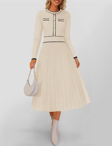 ZESICA Women's Spring Pleated Sweater Dress Long Sleeve Crewneck Ribbed Knitted Midi Dresses