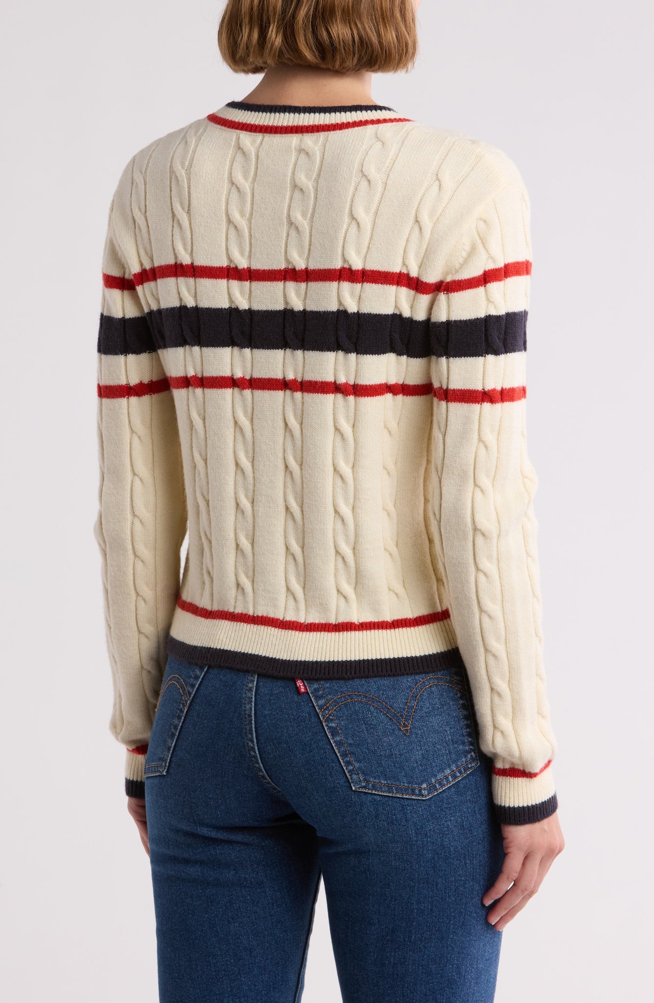 Vigoss Cable Prep Stripe Crewneck Sweater, Alternate, color, Creme