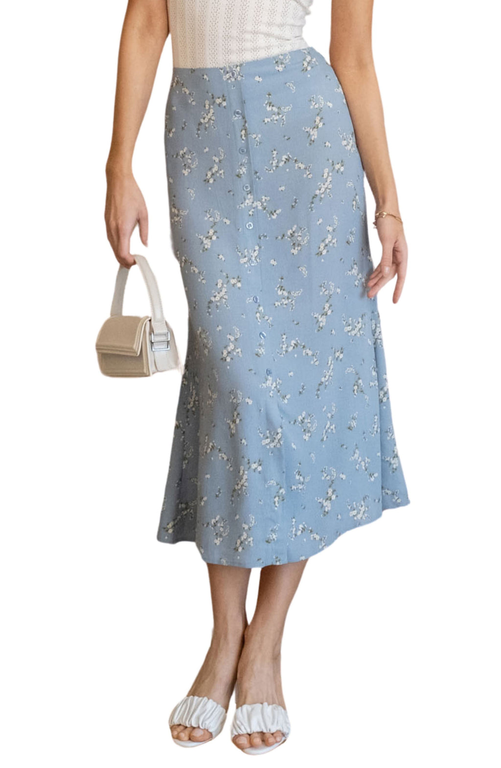 Blu Pepper Floral Print Midi Skirt, Main, color, Dusty Blue