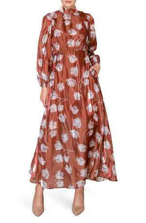 MELLODAY Mock Neck Chiffon Maxi Dress, Main, color, Brown Floral