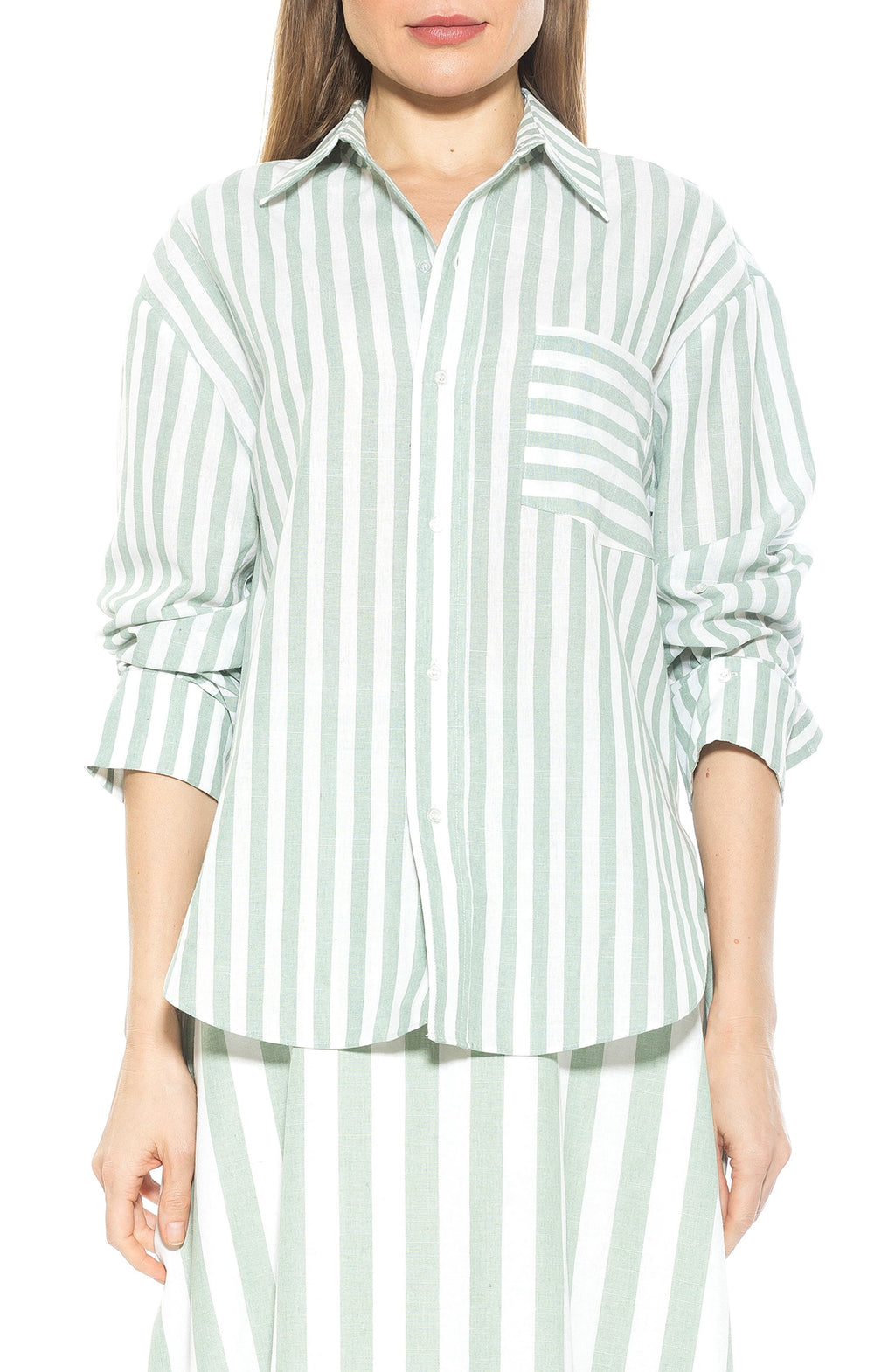 Alexia Admor Tammi Oversize Stripe Boyfriend Button-Up Shirt, Main, color, Green Stripe