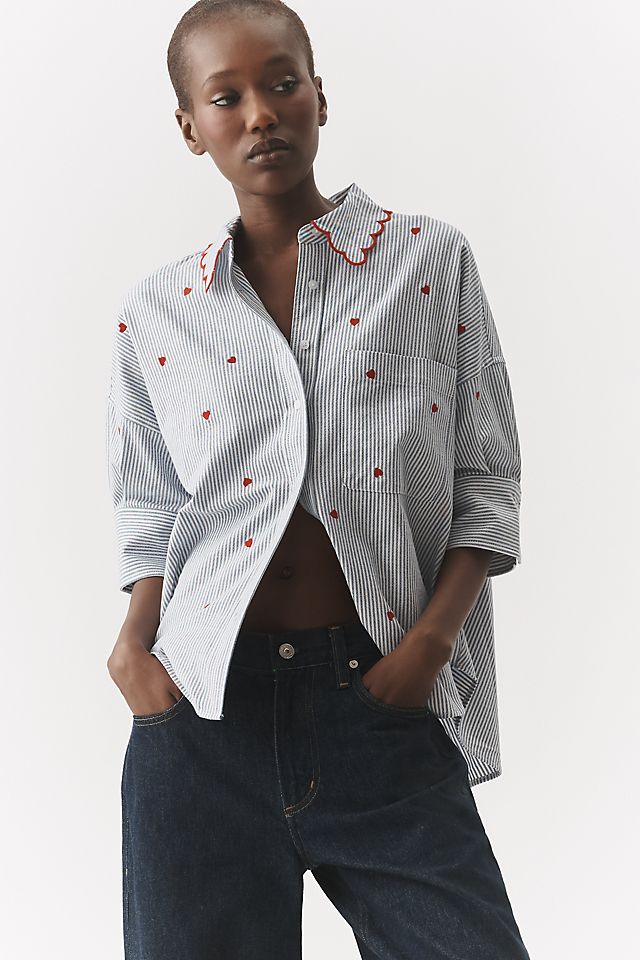 Anthropologie Mabel Boxy Oxford Embroidered Shirt by Maeve