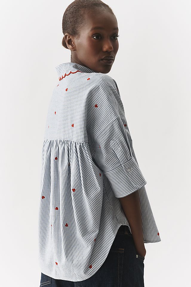 Anthropologie Mabel Boxy Oxford Embroidered Shirt by Maeve