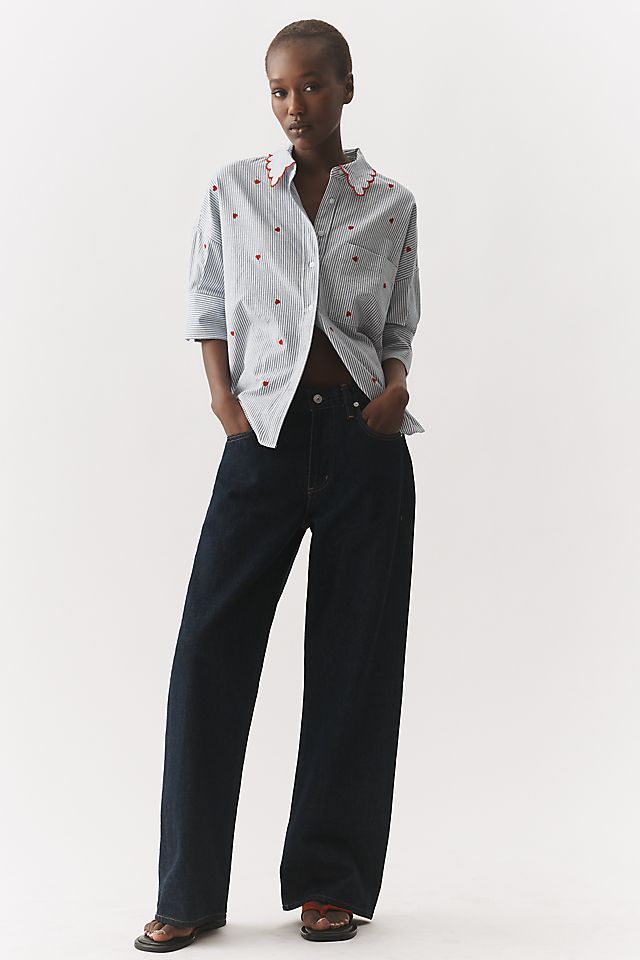Anthropologie Mabel Boxy Oxford Embroidered Shirt by Maeve
