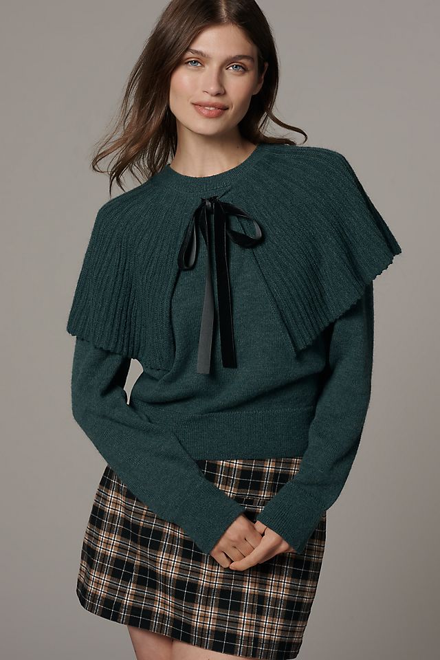 Anthropologie Maeve Tie-Neck Ribbed Cape Sweater