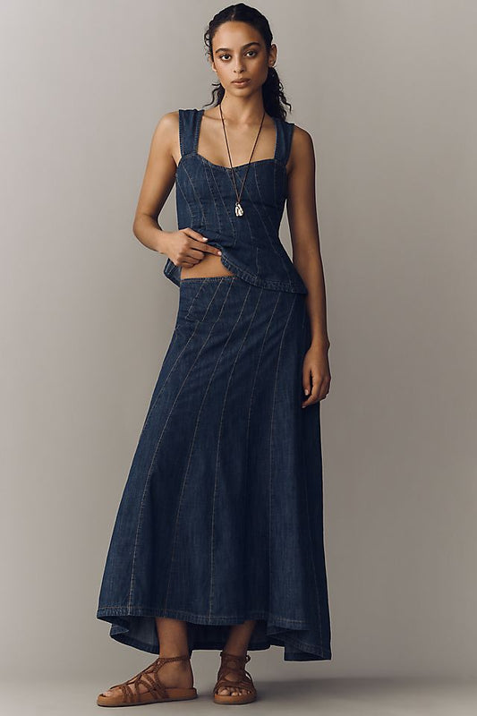 Anthropologie By Anthropologie Swirled Denim Maxi Skirt