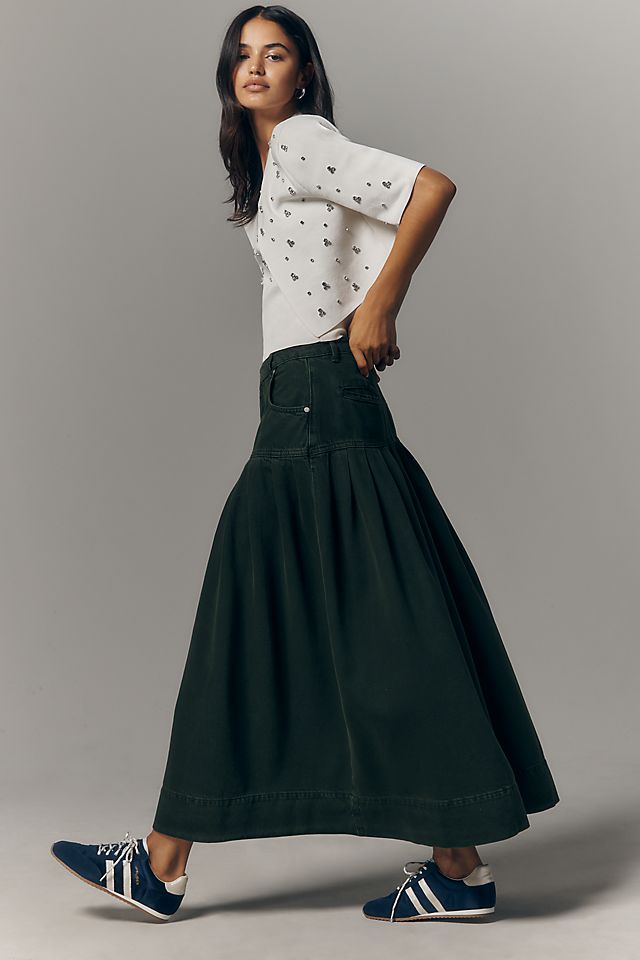Anthropologie Pilcro Pleated Basque-Waist Denim Midi Skirt