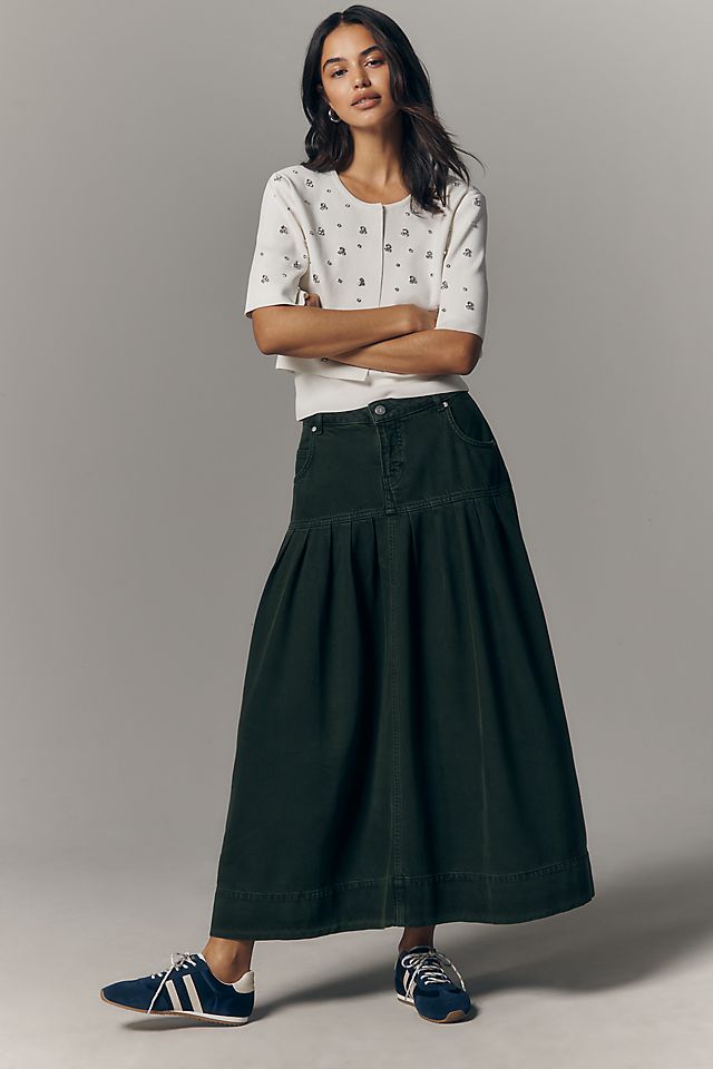 Anthropologie Pilcro Pleated Basque-Waist Denim Midi Skirt