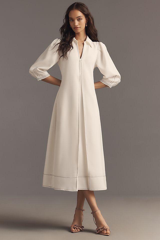 Anthropologie English Factory Long-Sleeve Collared Center-Pleat A-Line Midi Dress