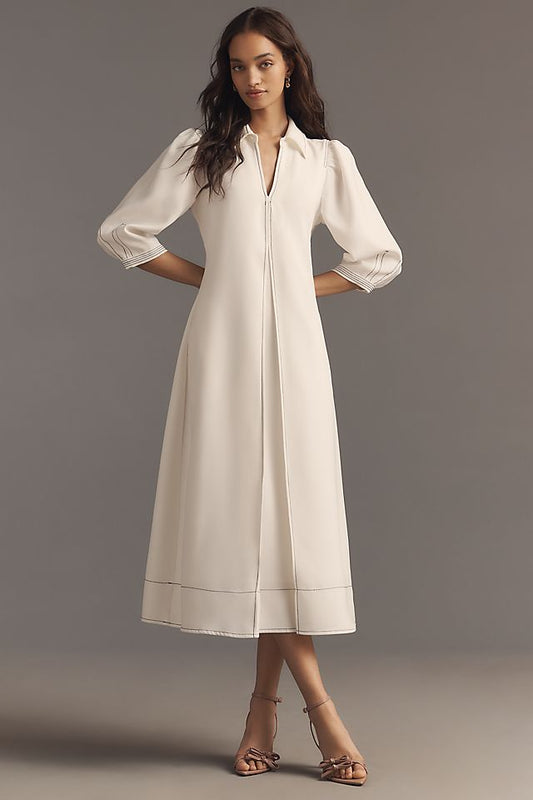 Anthropologie English Factory Long-Sleeve Collared Center-Pleat A-Line Midi Dress