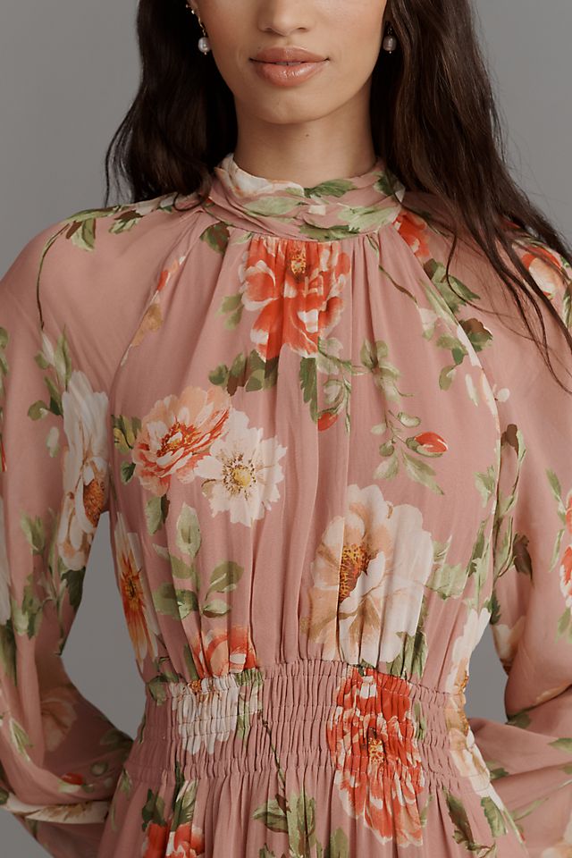 Anthropologie The Somerset Long-Sleeve Mock-Neck Chiffon Maxi Dress