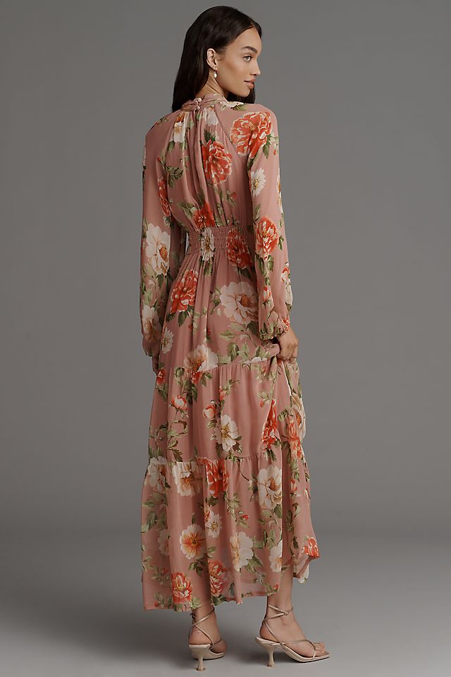 Anthropologie The Somerset Long-Sleeve Mock-Neck Chiffon Maxi Dress