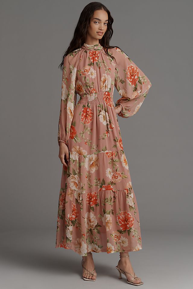 Anthropologie The Somerset Long-Sleeve Mock-Neck Chiffon Maxi Dress
