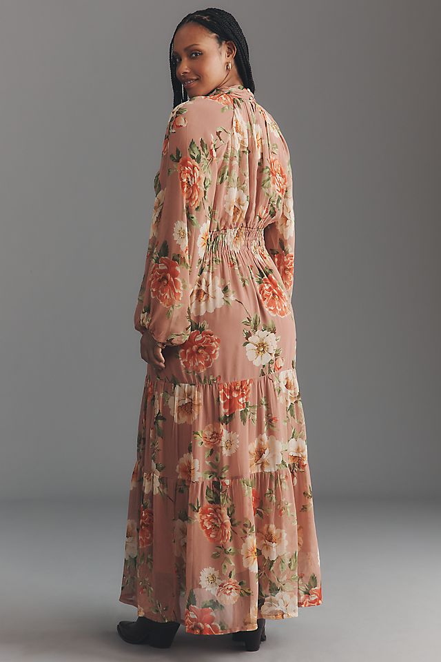 Anthropologie The Somerset Long-Sleeve Mock-Neck Chiffon Maxi Dress