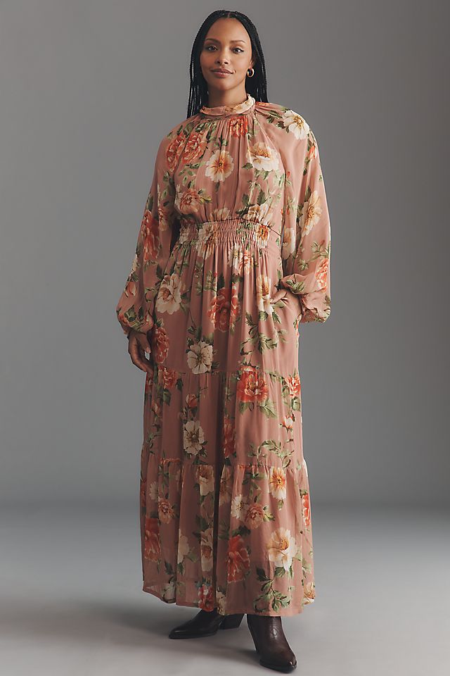 Anthropologie The Somerset Long-Sleeve Mock-Neck Chiffon Maxi Dress