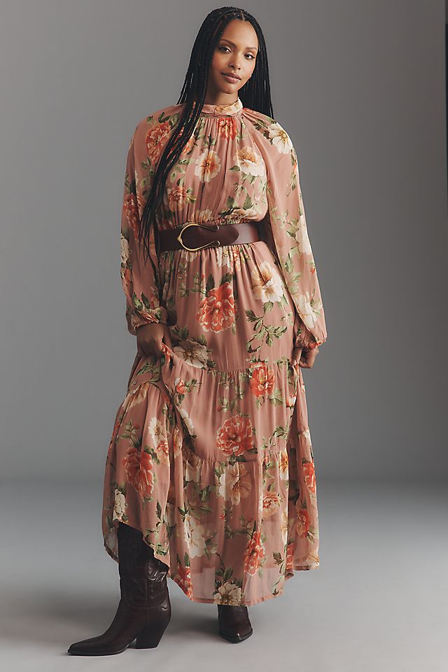 Anthropologie The Somerset Long-Sleeve Mock-Neck Chiffon Maxi Dress