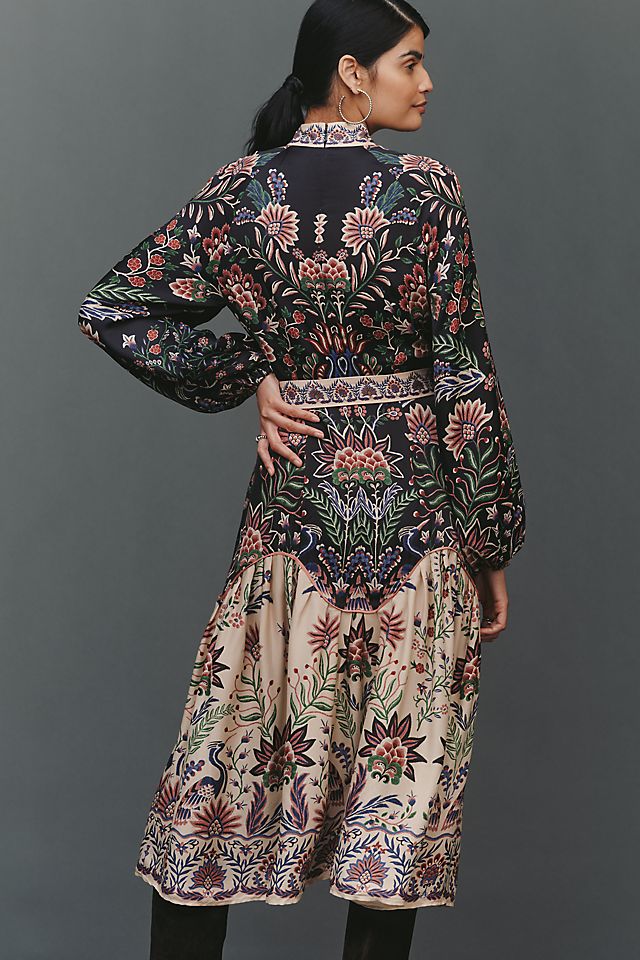 Anthropologie Farm Rio High-Neck Long-Sleeve Midi Dress