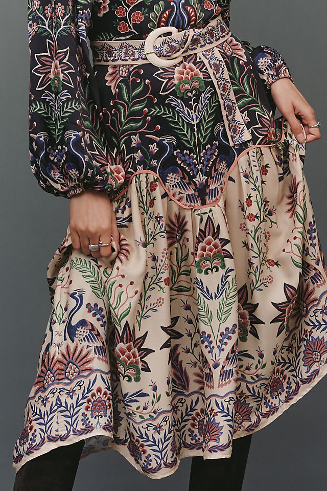 Anthropologie Farm Rio High-Neck Long-Sleeve Midi Dress