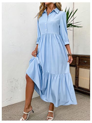 MakeMeChic Women's Lantern Sleeve Ruffle Tiered Maxi Dress Button Smocked Dresses