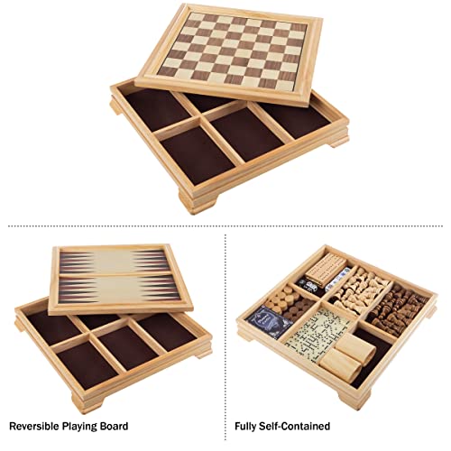 Board Game Set - Deluxe 7-in-1 Classic Board Games for All Ages - Wood Game Center with Storage - Chess, Backgammon, Dominos, Checkers, Dice Set, Cribbage Board, and Playing Cards by Trademark Games