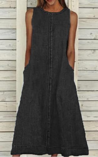 Amazon Womens Casual Sleeveless Maxi Denim Dress Crewneck Vintage Loose Long Vest Jean Dress with Pockets