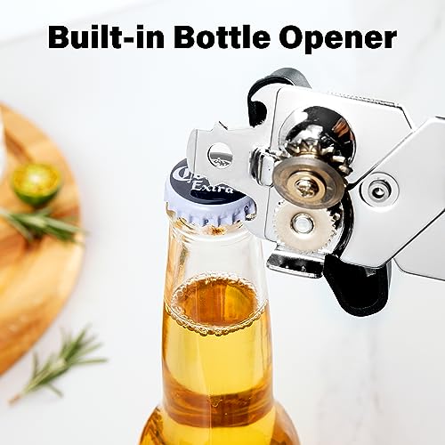 TJ POP Can Opener Manual, Durable Manual Can Opener Smooth Edge Cut Stainless Steel Blades, Heavy Duty Handheld Can Opener with Comfortable Grip Handle and Large Turn Knob -Black