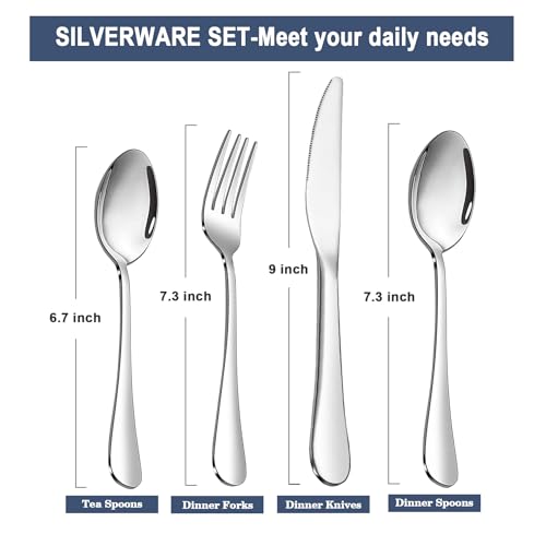 Silverware Set,Stainless Steel Dinner Knives Dinner Spoon Dinner Forks and Teaspoon Set for Home, Kitchen and Restaurant, Mirror Polished& Dishwasher Safe