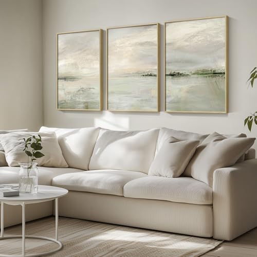 Amazon Framed Extra Large Green Abstract Wall Art for Living Room, 3 Piece Contemporary Landscape Canvas Artwork, Modern Minimalist Painting Prints for Dining Room Hallway Home Office Wall Decor, 24x36 Inch