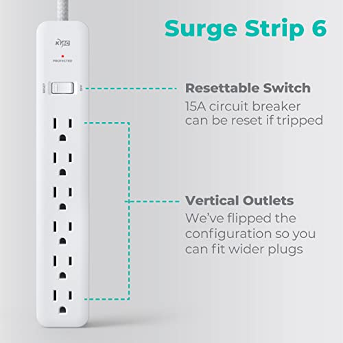 KMC 6-Outlet Surge Protector Power Strip 4 ft cord 2-Pack, 1080J Power Surge Protector, 4-Foot Long Braided Extension Cord with Multiple Outlets, Power Strip Surge Protector, 6 Power Outlet, Flat Plug