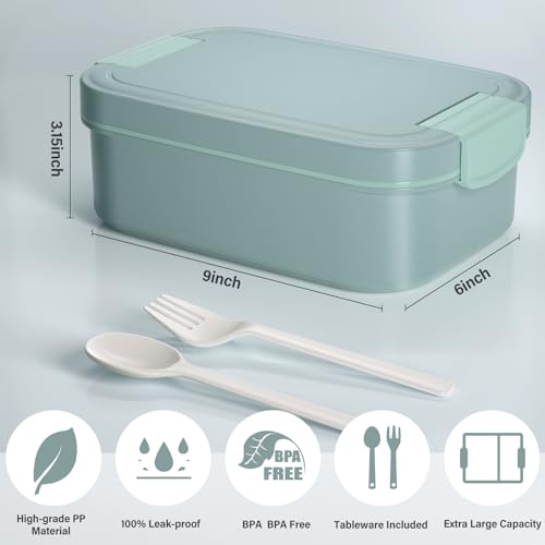 Adult Lunch Bento Box - 66oz / 1960ml Bento Box for Adult, Lunch Containers with 2 Sauce Containers & Utensil Set, 100% Leak Proof, BPA-Free, Dishwasher/Microwave Safe, Office, School & Picnic, Green