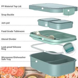 Adult Lunch Bento Box - 66oz / 1960ml Bento Box for Adult, Lunch Containers with 2 Sauce Containers & Utensil Set, 100% Leak Proof, BPA-Free, Dishwasher/Microwave Safe, Office, School & Picnic, Green