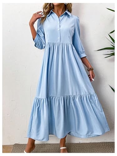 MakeMeChic Women's Lantern Sleeve Ruffle Tiered Maxi Dress Button Smocked Dresses