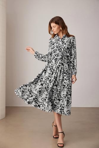 GRACE KARIN Women Floral Collar Shirt Dress Elegant Lantern Long Sleeve Casual Vacation Beachwear