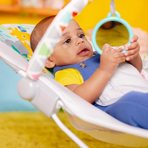 Amazon Bright Starts Baby Bouncer Soothing Vibrations Infant Seat - Removable -Toy Bar, Nonslip Feet, 0-6 Months Up to 20 lbs (Safari Fun)
