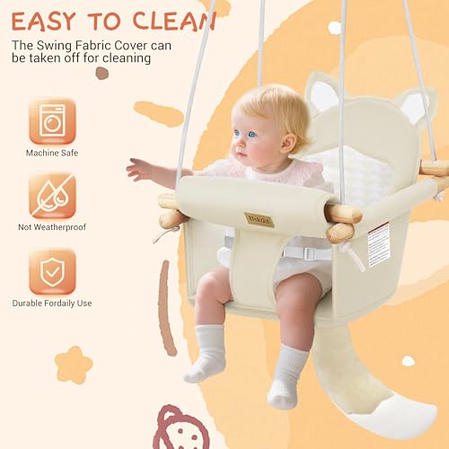 Amazon Wooden Hanging Baby Swing with Soft Safety Belt, Cozy Infant Swing Seat for Indoor & Outdoor Use, Adjustable Height, Includes Mounting Hardware – Suitable for Babies & Toddlers(Fox-Themed in Beige)