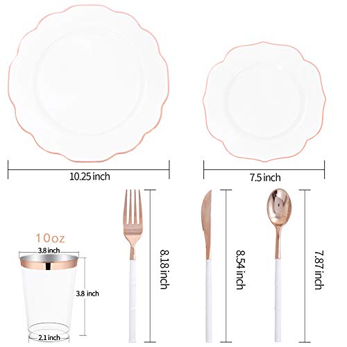 BUCLA 30Guest White And Rose Gold Plastic Plates With Rose Gold Plastic Silverware& Disposable Plastic Cups- Rose Gold Rim Plastic Dinnerware Ideal For Mother's Day, Weddings And Parties