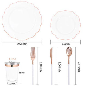 BUCLA 30Guest White And Rose Gold Plastic Plates With Rose Gold Plastic Silverware& Disposable Plastic Cups- Rose Gold Rim Plastic Dinnerware Ideal For Mother's Day, Weddings And Parties