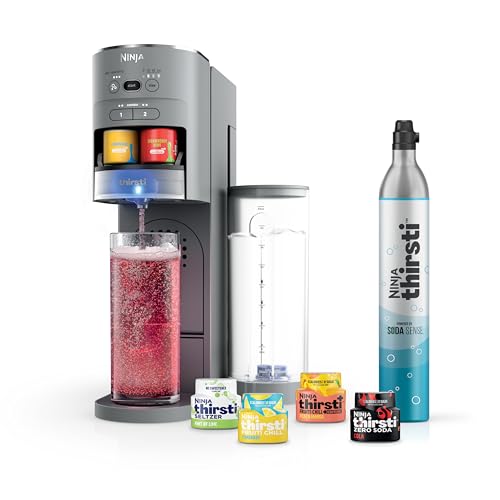Amazon Ninja Thirsti Drink System, Soda Maker, Create Unique Sparkling & Still Drinks, Personalize Size & Flavor, Carbonated Water Machine, 60L CO2 Cylinder & Variety of Flavored Water Drops, Gray WC999AMZ