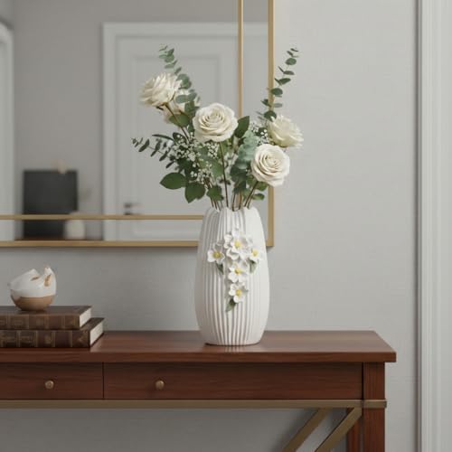 Amazon White Vase - Modern Boho Vases for Centerpieces, Minimalist Decorative Flower Vase for Pampas Grass, Dining Room Table, Shelf, Bathroom Decor, 9 Inch