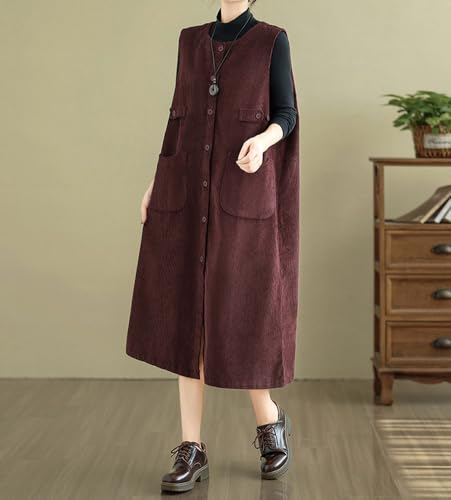 Amazon chouyatou Women's Cute Corduroy Overall Jumper Dress Button Down A Line Tank Midi Long Dress with Pockets
