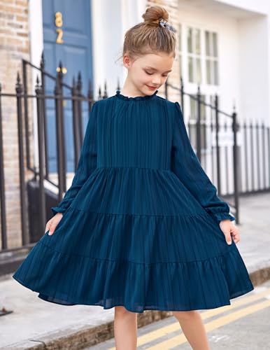 Amazon Arshiner Girls Long Sleeve Dress Tween Fall Formal Party Holiday Midi Tiered Flowy Swing Dresses with Belt 5-13 Y