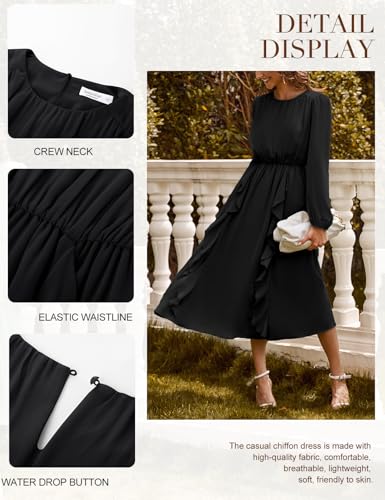 JASAMBAC Womens Long Sleeve Wedding Guest Dresses Flowy Chiffon Ruffled A-Line Midi Dresses 2024 Fall Casual Long Dress