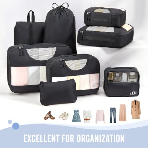 Veken 8 Set Packing Cubes for Suitcases, Travel Essentials for Carry on, Luggage Organizer Bags Set for Travel Accessories in 4 Sizes (Extra Large, Large, Medium, Small), Black