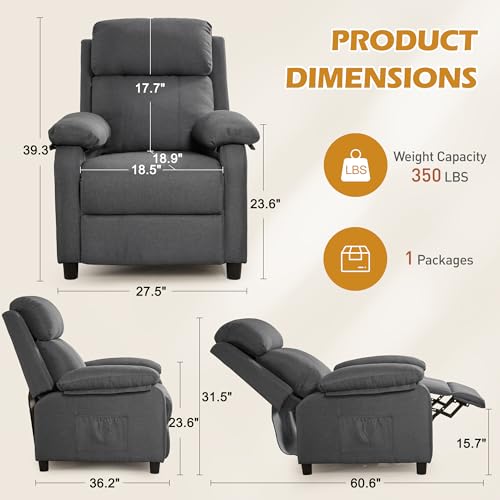 Amazon Recliner Chair for Adults, Padded Deep Seat Reading Chair with Side Pockets, Small Recliners for Small Spaces, Adjustable Chair for Living Room, Bedroom, and RV (Linen)