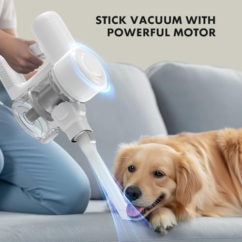 Sweetcrispy Stick Cordless Vacuum Cleaner Electric Rechargeable Vac Handheld with LED, Up to 45 Minutes, Powerful Suction, Versatile for Carpet, Hard Floor, Pet Hair, White