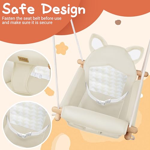 Amazon Wooden Hanging Baby Swing with Soft Safety Belt, Cozy Infant Swing Seat for Indoor & Outdoor Use, Adjustable Height, Includes Mounting Hardware – Suitable for Babies & Toddlers(Fox-Themed in Beige)