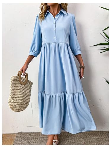 MakeMeChic Women's Lantern Sleeve Ruffle Tiered Maxi Dress Button Smocked Dresses